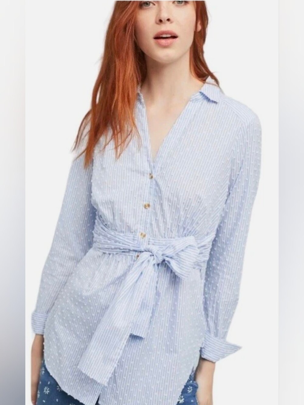 Anthropologie Light Blue Striped Tie-Waist Button-Down Shirt Size 0